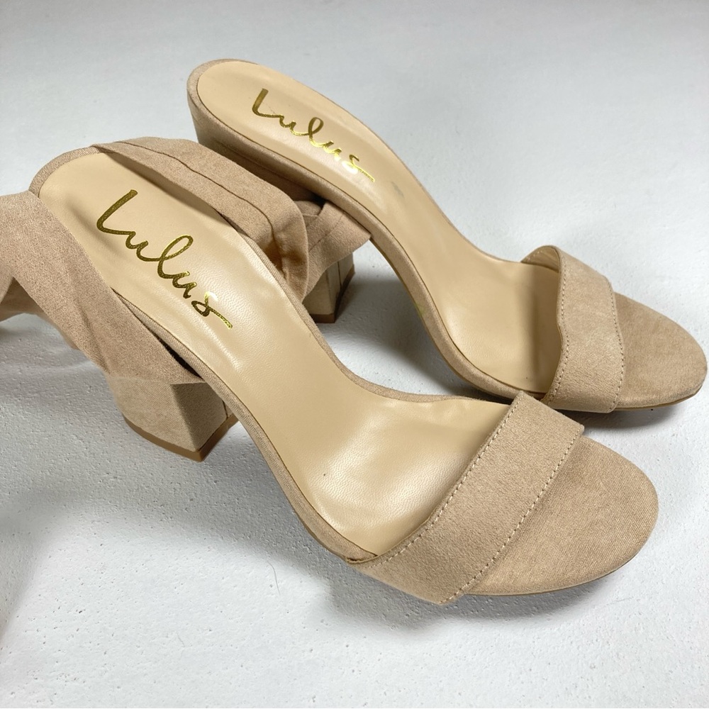 Lulu's Alta Lt. Nude Suede-like Block Heel Lace Up Sandals Size 9 Beige - Picture 1 of 15